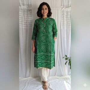 💚 New Grass Green White Gold Trim Kurta Dress M Tunic Party